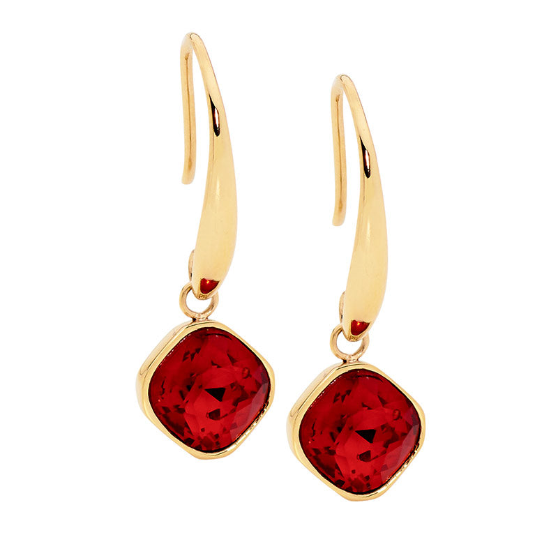 Stainless steel gold plated Red crystal hook drop earrings
