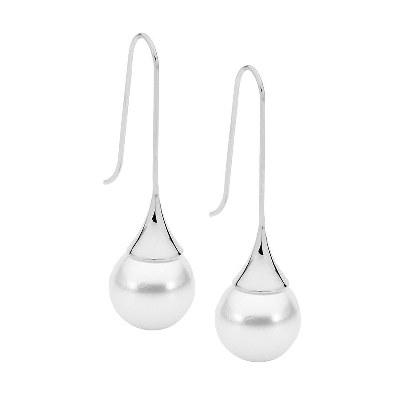 Stainless Steel Long Drop Earrings w/ Shell Pearl