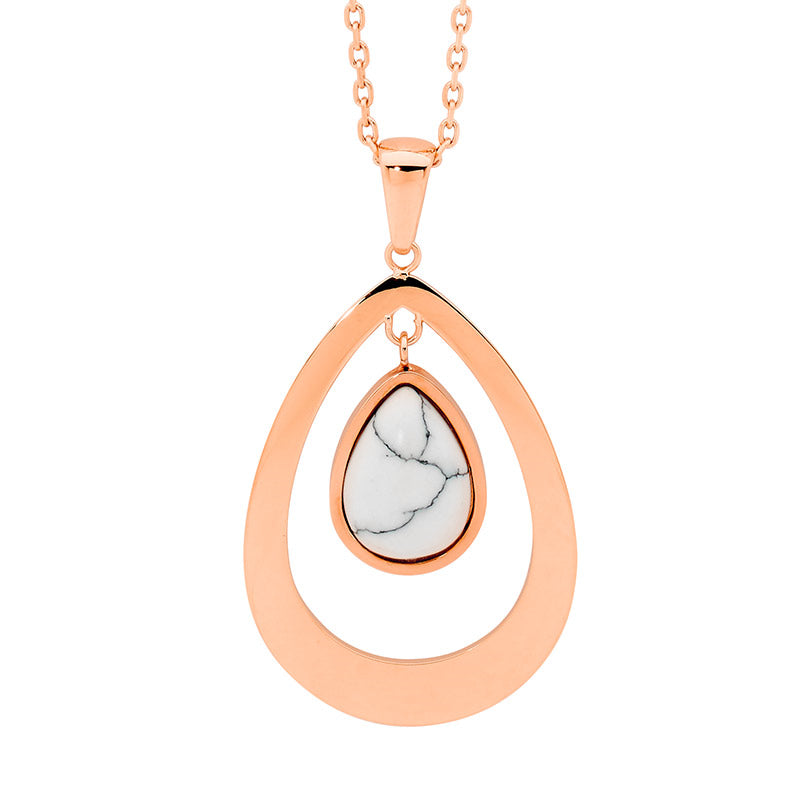 Stainless steel, rose gold plate Howlite circle oval pendant and chain