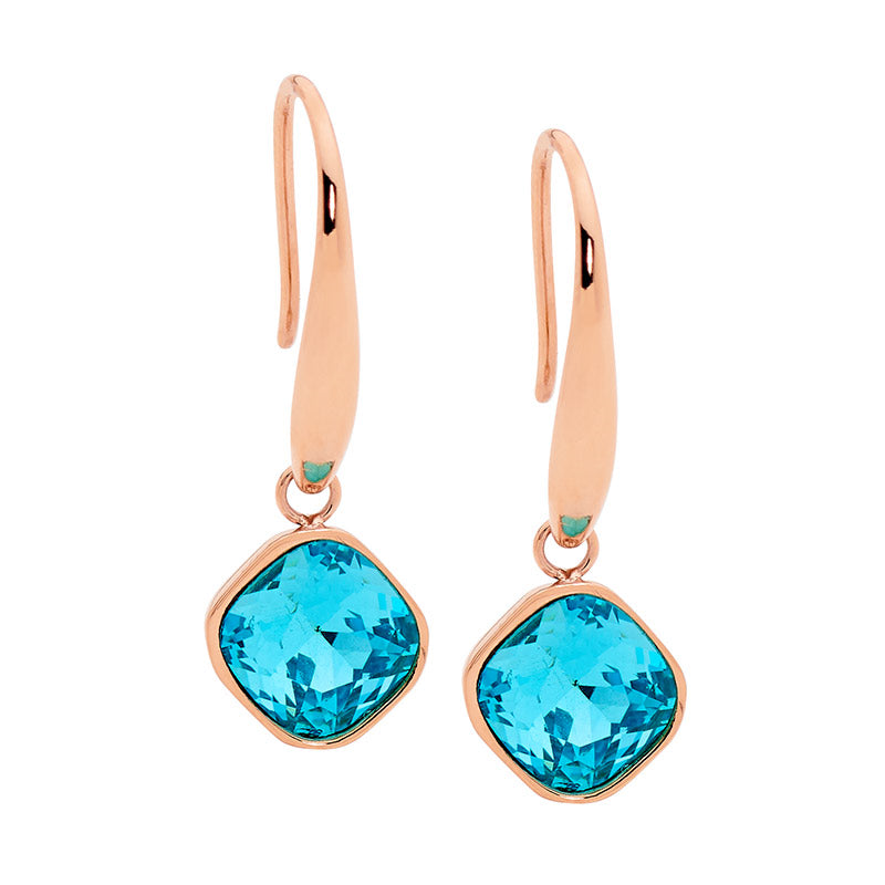 Stainless, rose gold plated, blue crystal drop earrings