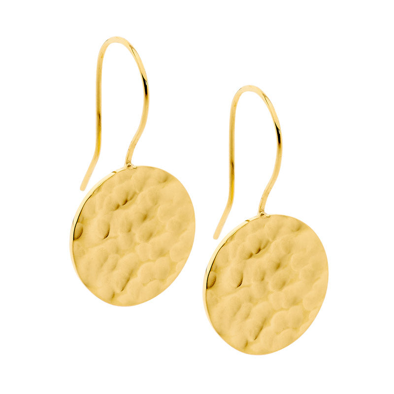 Stainless gold plated hook earrings with beaten disc