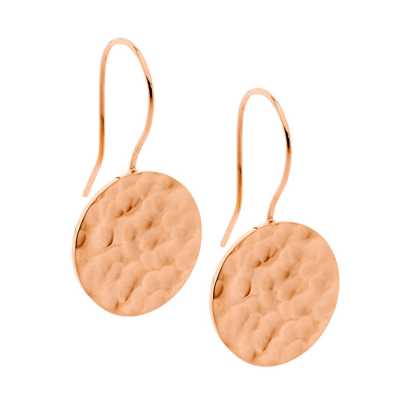 Stainless steel, rose gold plated, hammered disc earrings