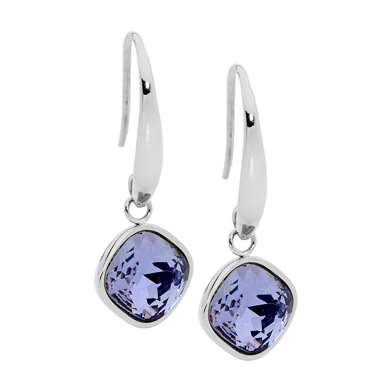 stainless steel, purple crystal, drop earrings