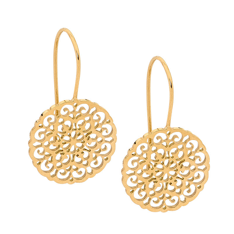 Stainless steel YG filligree round drops, hook earrings