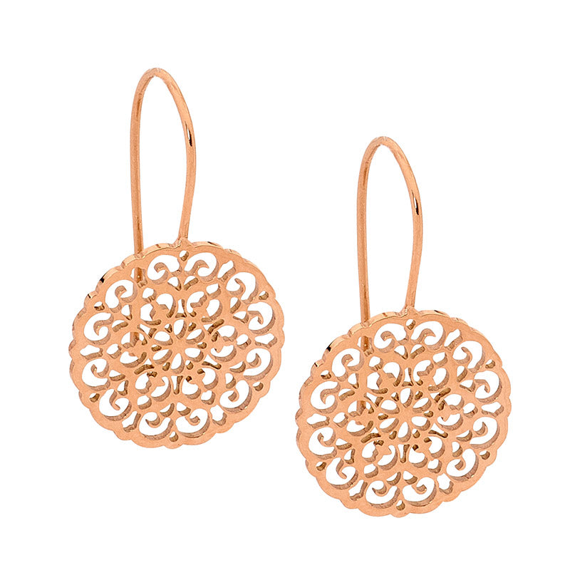 Stainless steel rose gold plated filligree round drop earrings