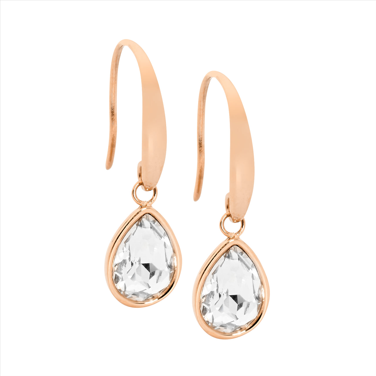 Stainless steel, rose gold plated, white crystal drops.