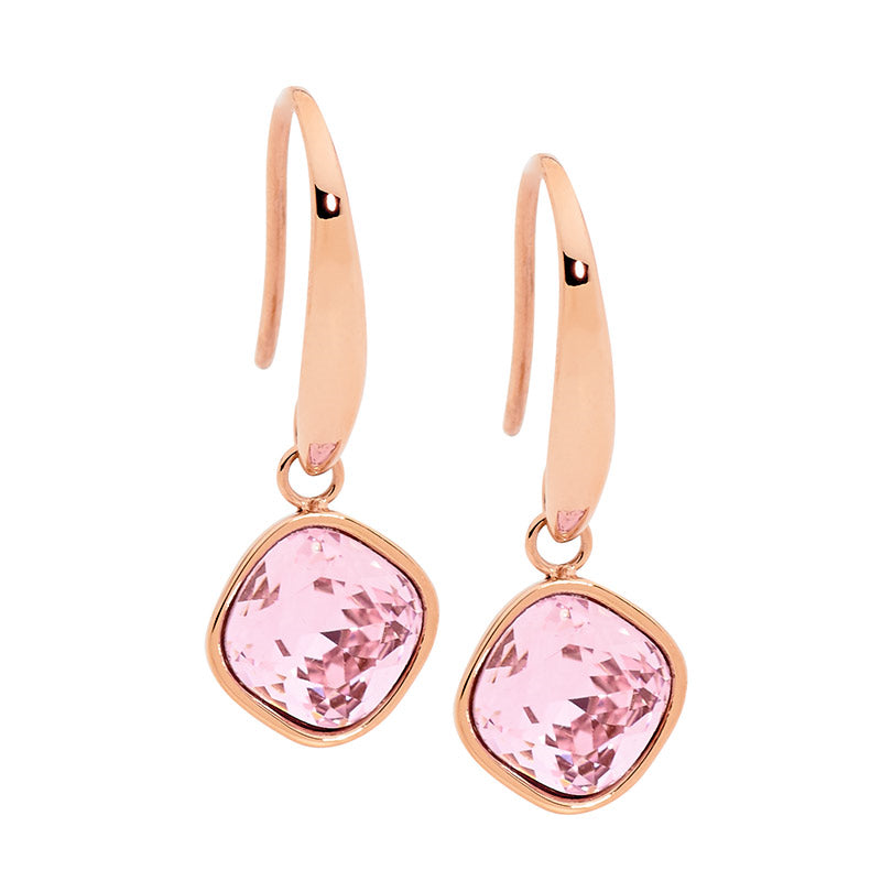 Stainless steel, rose gold plated, pink crystal drop earrings