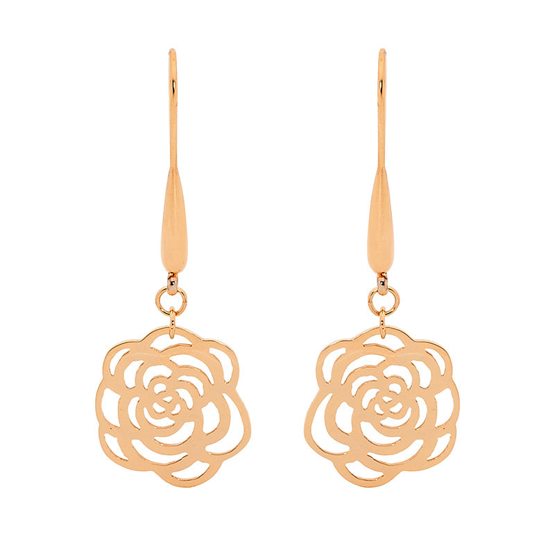 Stainless steel RG plated, Rose cut out drop earrings