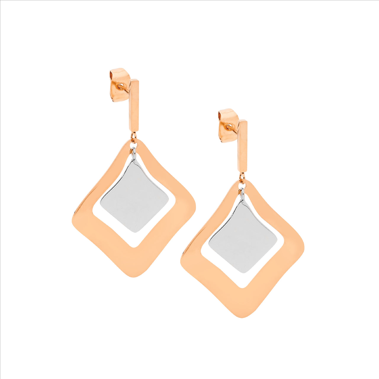 Stainless steel abstract dbl square drop earrings w/ rose gold IP plating