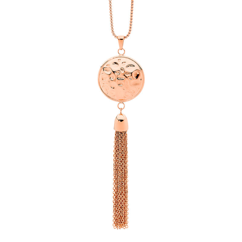 Stainless Steel feature disk w/tassle pendant & rose gold IP plating -
