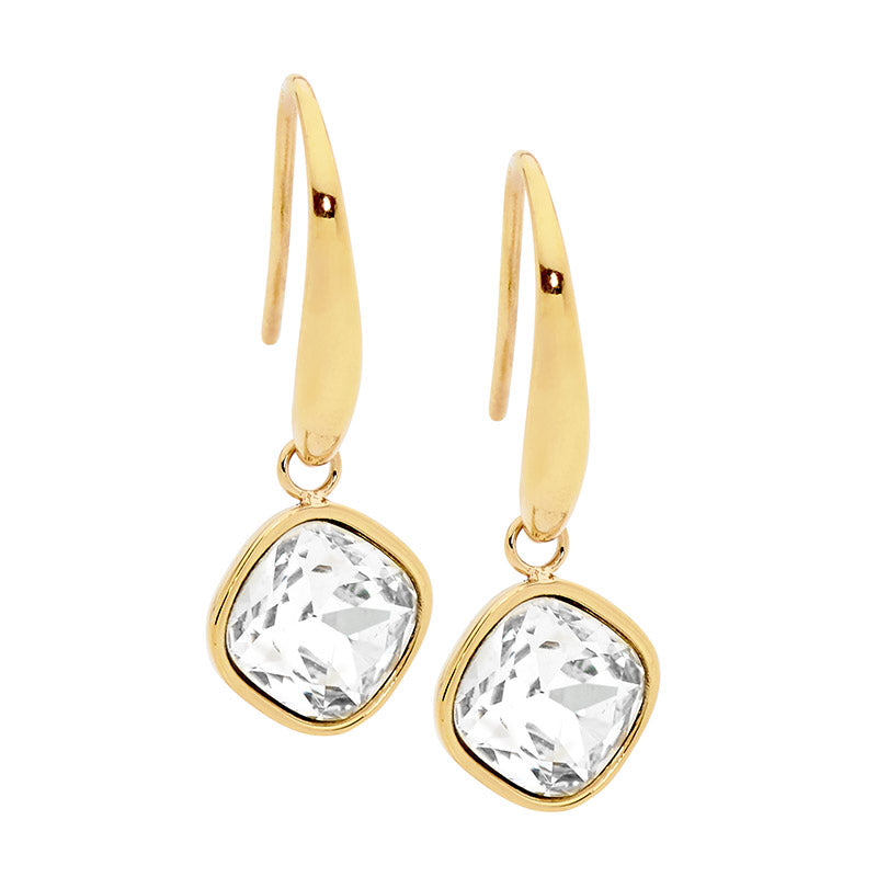 Stainless Steel Clear Glass Square Drop Earrings w/ Gold IP Plating