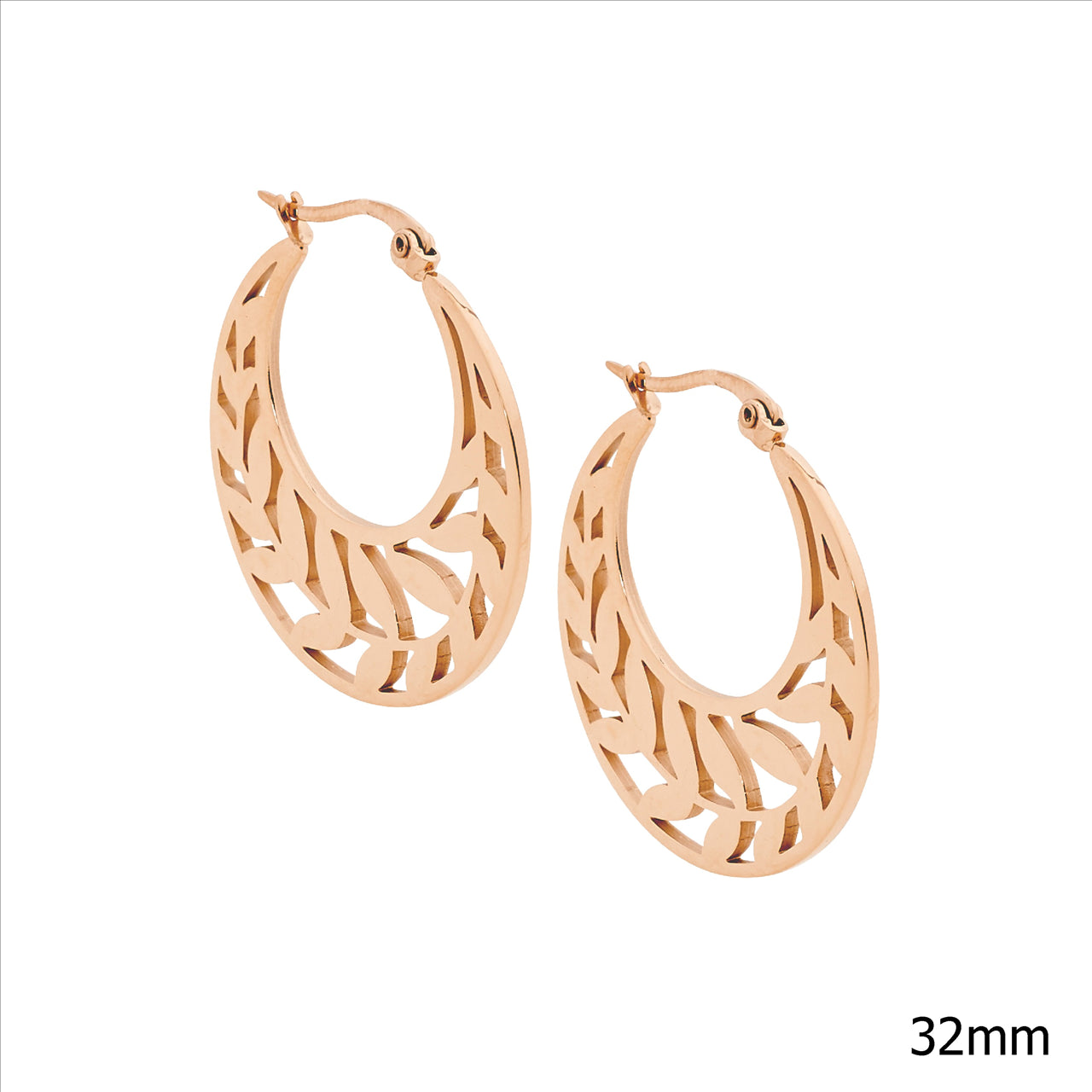 Stainless steel 32mm hoop earrings w/ leaf feature & rose gold IP plating