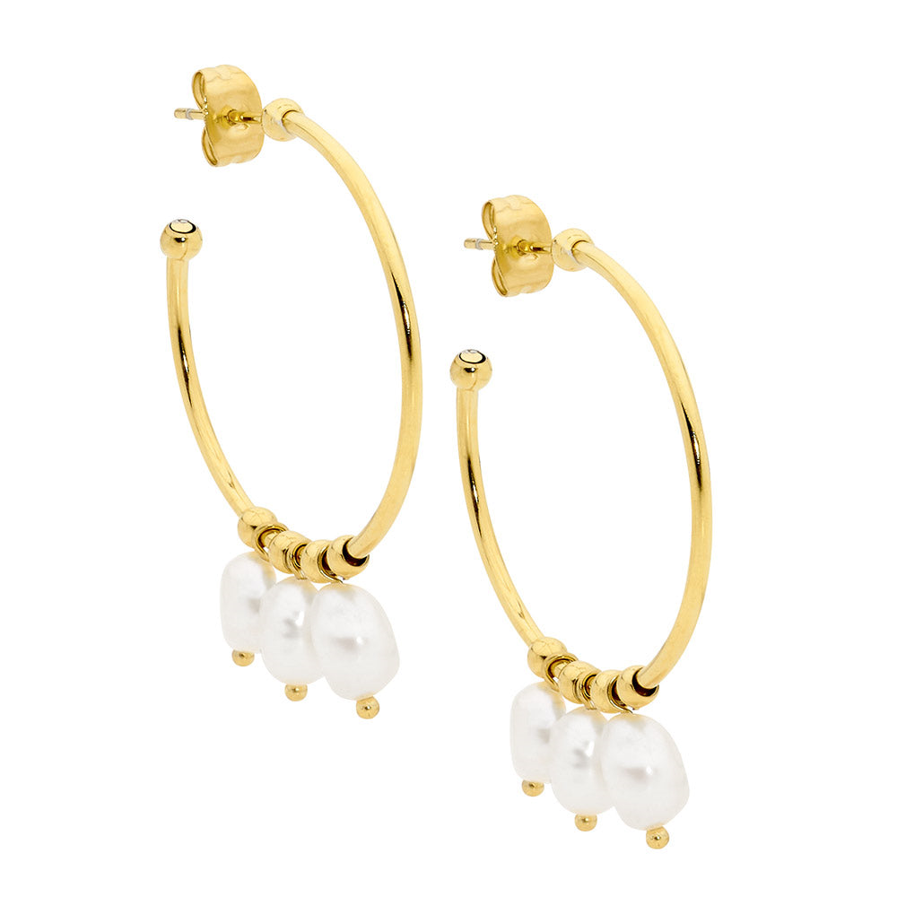 Stainless steel 3cm hoop earrings w/3 x freshwater pearls & gold IP plating