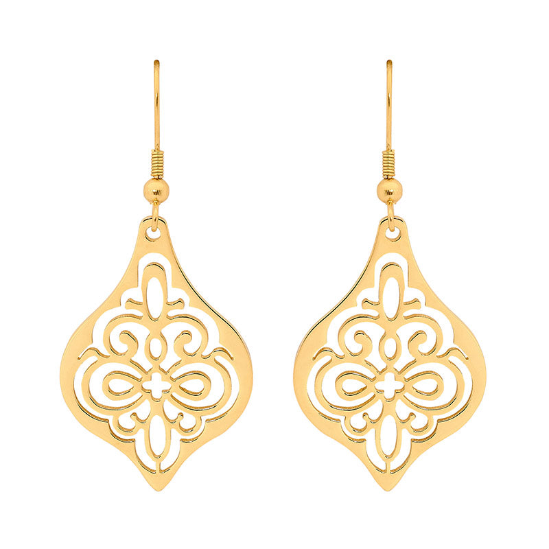 Stainless, yellow gold plated, filligree drop earrings