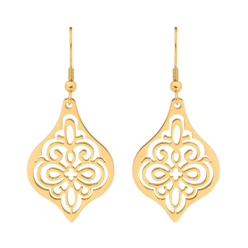 Stainless, yellow gold plated, filligree drop earrings