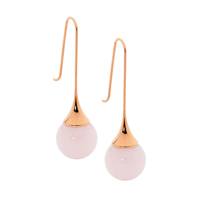 stainless, rose gold plated, rose quartz long drop e/r