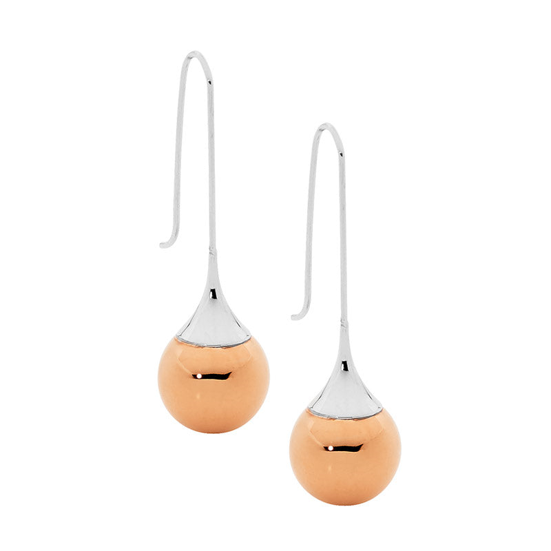Stainless steel, two toned, rose plated ball charms, long hook earrings