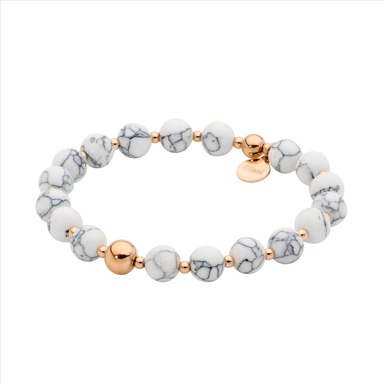 Stainless Steel & 8mm Howlite Ball Stretch Bracelet w/ Rose Gold IP Plating