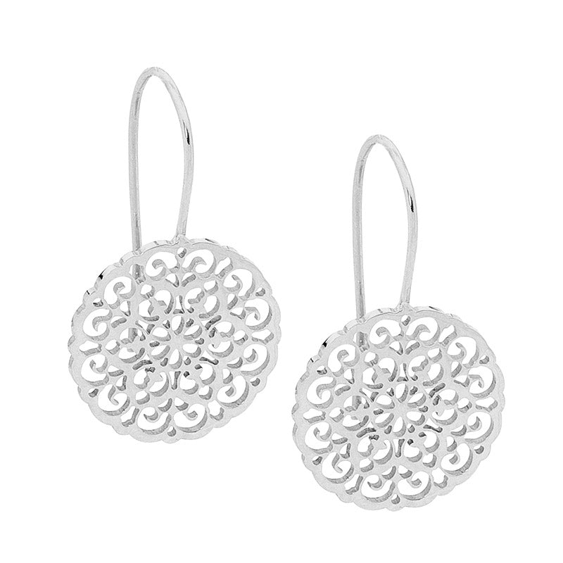 Stainless steel, circle filligree, hook earrings.