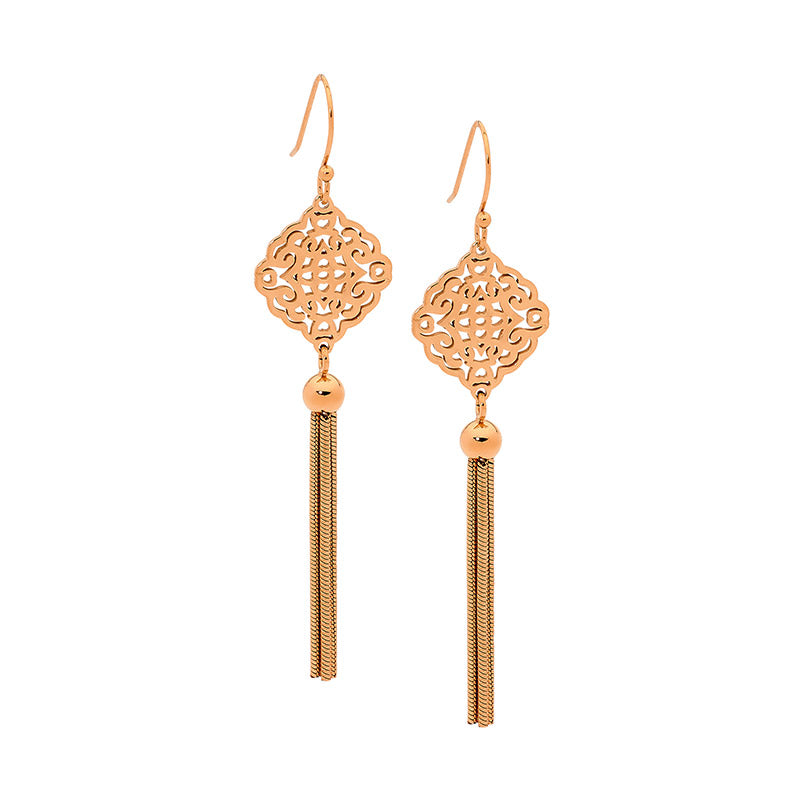 Stainless steel drops, rose gold plated, tassle.