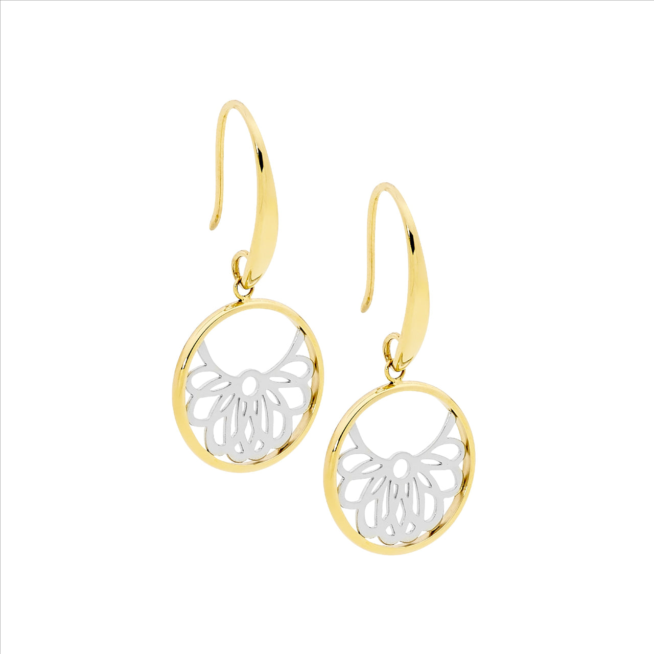 Stainless steel circle drop earrings w/ filigree & gold IP plating