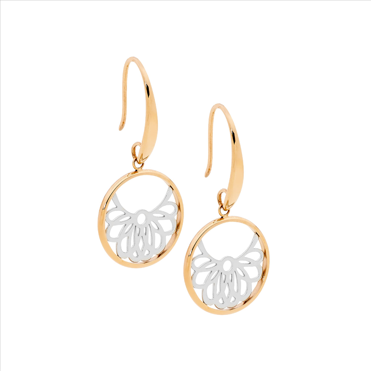 Stainless steel circle drop earrings w/ filigree & rose gold IP plating