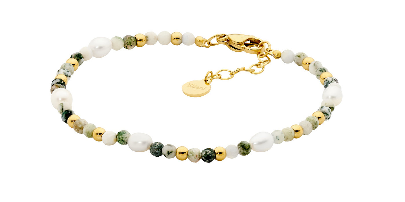 Stainless steel tree agate & freshwater pearl 17.5cm bracelet w/gold IP plating