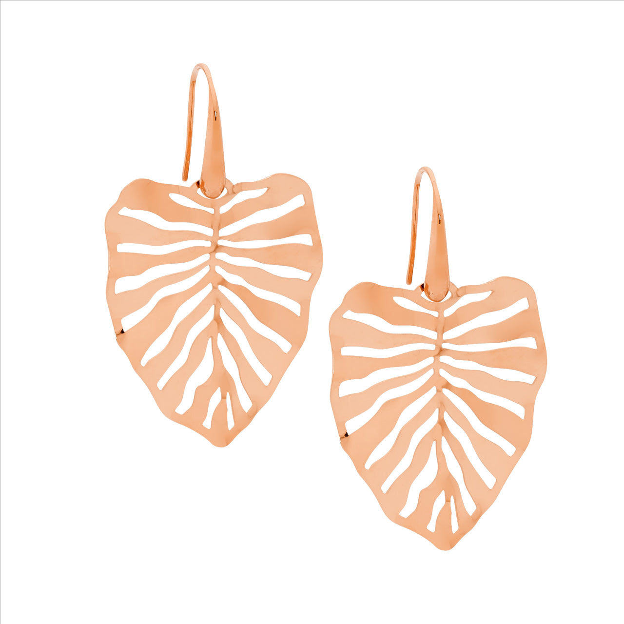 Stainless steel 36mm monstera leaf earrings w/ rose gold IP plating