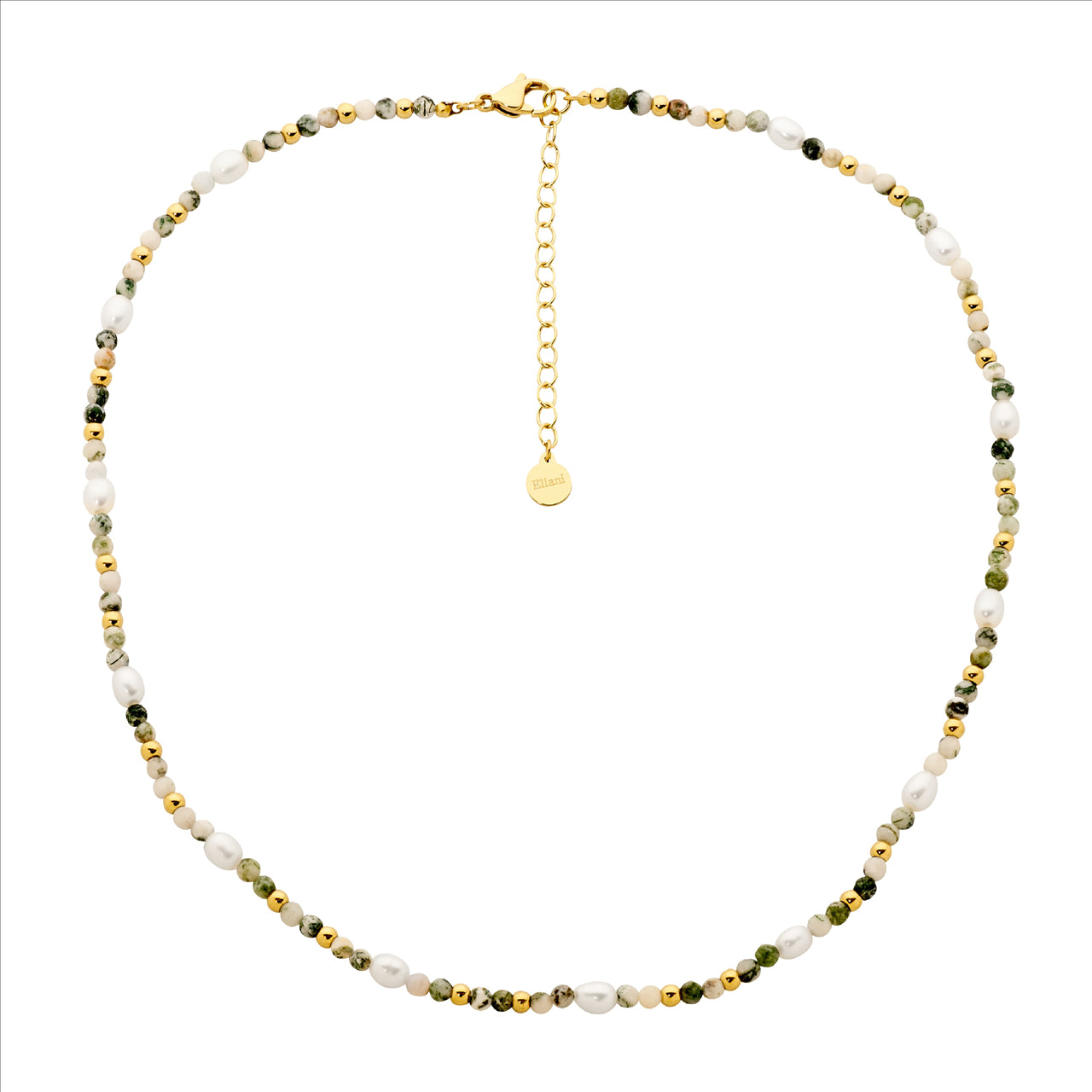 Stainless steel tree agate & freshwater pearl 40cm necklace w/gold IP plating