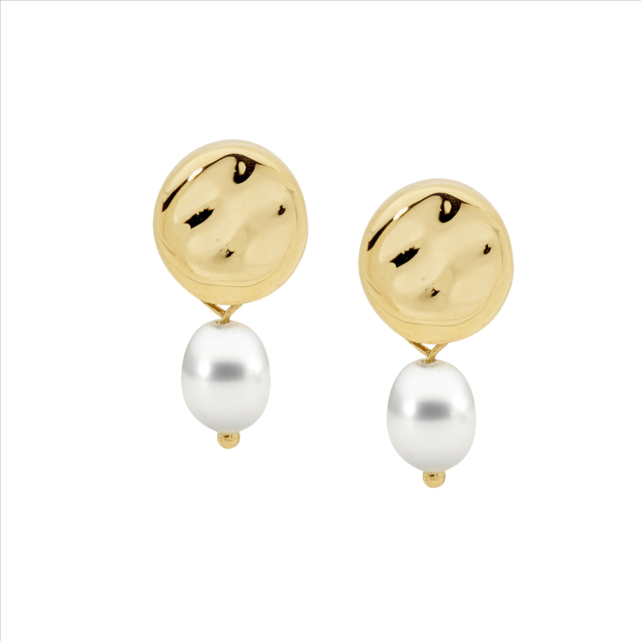 Stainless steel disk earrings w/ freshwater pearl & gold IP plating